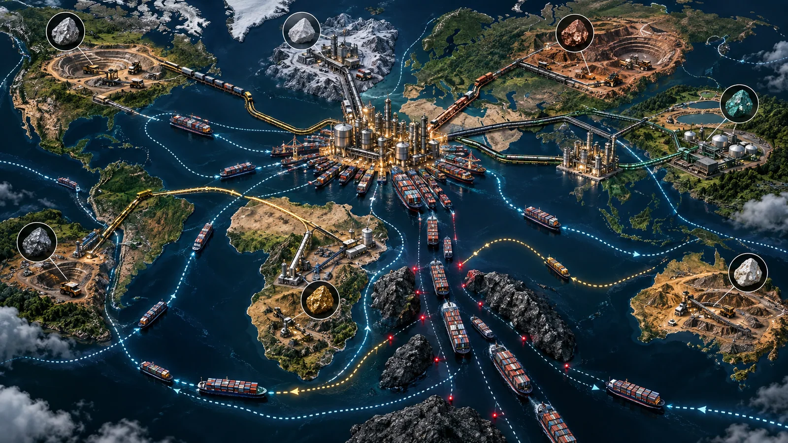 Global mines and shipping routes converge on a concentrated refining hub with alternative paths
